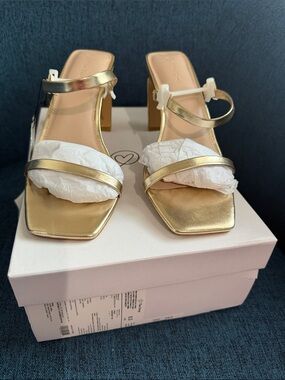 Elegant Metallic Gold Square-Toe Block Heels with Ankle Strap